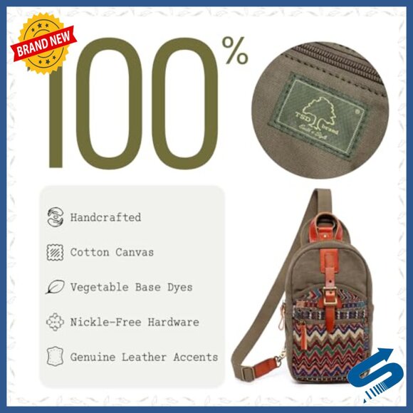 Canvas Sling Bag with Leather Accents, Adjustable Strap, 4 Pockets - Picture 5 of 6